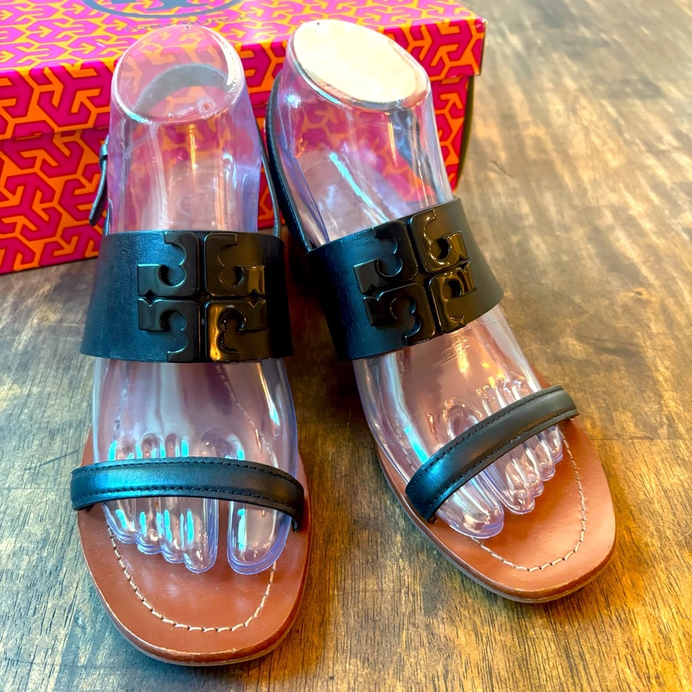 TORY BURCH Lowell Black NAPA Leather Block Heel Sandals with Back Strap! Sz 8